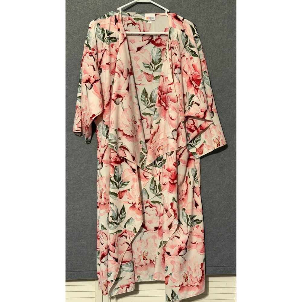 Cottagecore Romantic Kimono L Pink Floral Open Front Draped Cardigan Shabby Chic